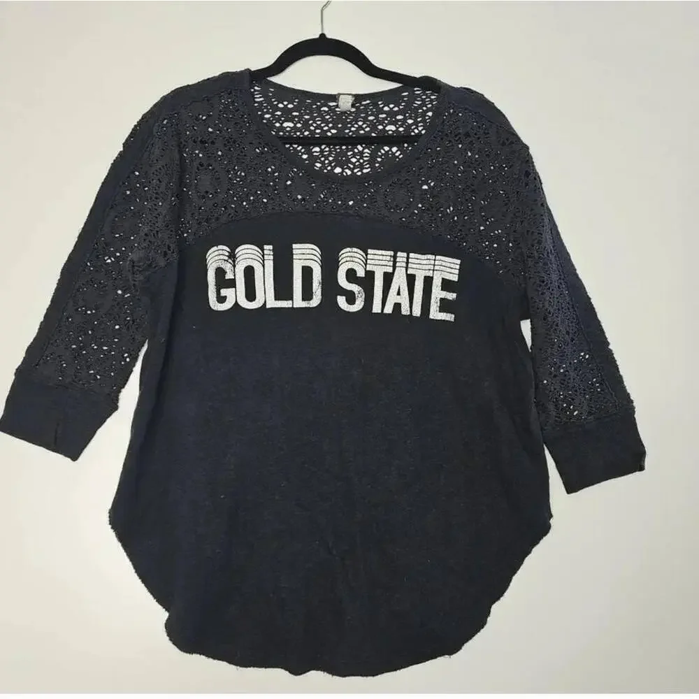 Free People Gold State Black Distressed Tee Vintage Style Size M
